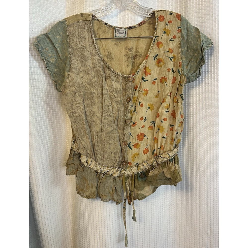 Sacred Threads Boho Patchwork Short Sleeve Blouse M/L Drawstring Waist Cottage